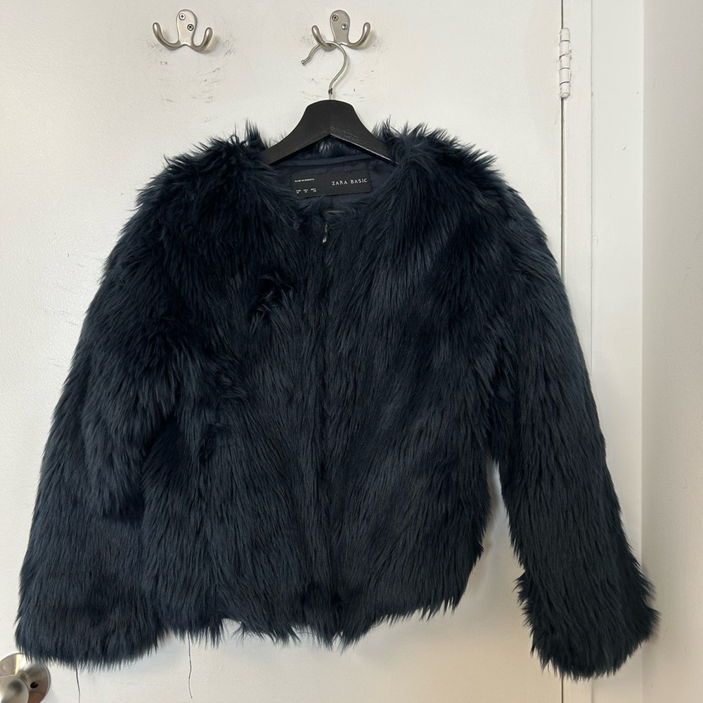 Navy blue faux fur jacket